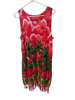 Beach Cabana red yellow green tropical dress with tassels on hem size L